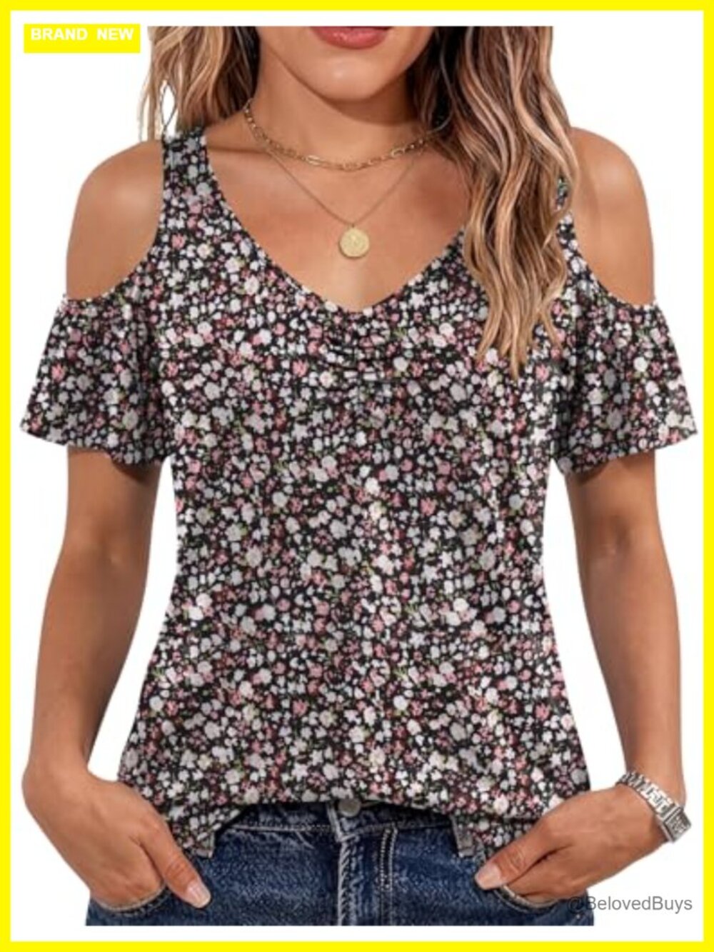 Cold Shoulder V-Neck Short Sleeve Blouse Ruffle Tunic Top